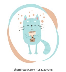A blue cat holds a glass of tapioca tea in its paws. Vector image