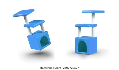 Blue cat house with tall scratching posts. Popular model of couch for cats and kittens