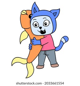 gato azul abrazando un pez grande, ilustración vectorial art. doodle imagen kawaii.