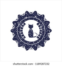 Blue cat icon inside distress rubber grunge texture stamp
