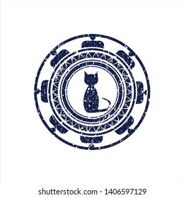 Blue cat icon inside distress with rubber seal texture