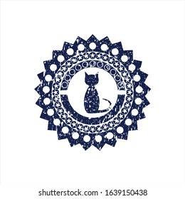 Blue cat icon inside distress rubber grunge texture seal
