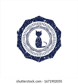 Blue cat icon inside distressed with rubber seal texture