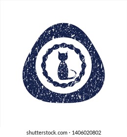Blue cat icon inside rubber grunge texture seal