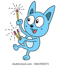 blaue Katzenbeleuchtung neue Jahre Feuerwerk. doodle Symbol-Bild. Cartoon Caharacter süße Doodle ziehen