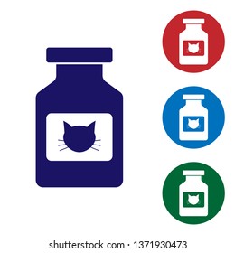 Blue Cat medicine bottle icon isolated on white background. Container with pills. Prescription medicine for animal. Set color icon in circle buttons. Vector Illustration