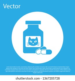 Blue Cat medicine bottle and pills icon isolated on blue background. Container with pills. Prescription medicine for animal. White circle button. Vector Illustration