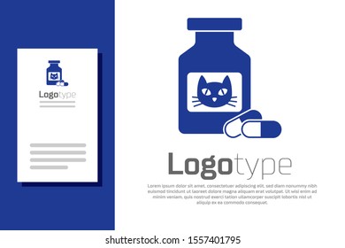 Blue Cat medicine bottle and pills icon isolated on white background. Container with pills. Prescription medicine for animal. Logo design template element. Vector Illustration