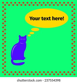 Blue cat on a green background. Advertising card