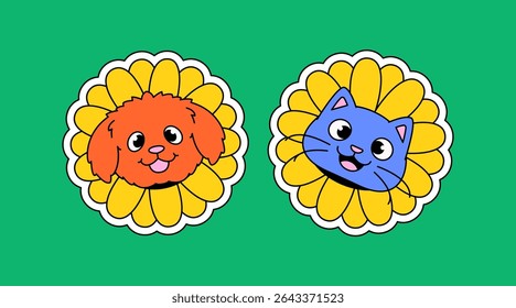 Blue cat and an orange dog peeking out from the center of bright yellow flower petals, styled like costumes in cartoon style illustration vector for sticker or pet house theme design