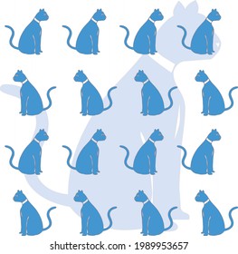Blue cat patterns on white background, decorative, vector