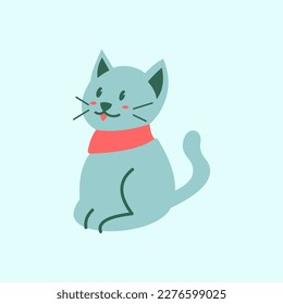 A blue cat with a red collar sits on a light blue background.