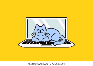 Gato azul relaxando em um laptop aberto com um fundo amarelo brilhante. Simples vetor plano ilustração ideal para o trabalho de casa, animal de estimação, tecnologia e conceito de estilo de vida digital lúdico bonito