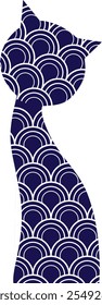 A blue cat with Sashiko pattern of white waves