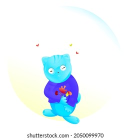 A blue cat sending a kiss and holding a bouquet with autumn plants on an autumn day. The last one includes maple and two other leaves, rowan bunch. Above the cat there are three small hearts.