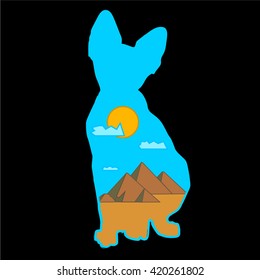 Blue cat silhouette with the pyramids. Illustration of Egyptian cat. Egypt cat vector illustration. Egypt cat on blue background. 