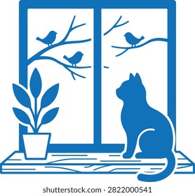 A blue cat sitting on a window sill looking at small birds perched on tree branches outside