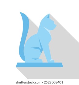 Blue cat sitting in profile, simple geometric shapes with long shadow on white