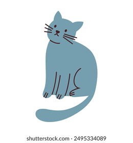 Blue cat sitting vector illustration. Cute cartoon pet with blue fur, for animal lovers, pet shops, and veterinarians. Adorable and calm Russian blue or British shorthair kitten, flat design