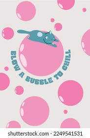 blue cat sleeping on bubble wallpaper