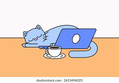 Gato azul dormindo pacificamente em uma mesa ao lado de um laptop e uma xícara de café em estilo de vetor de ilustração de desenhos animados para conceitos relacionados com o trabalho em casa, relaxamento e companheiros felinos