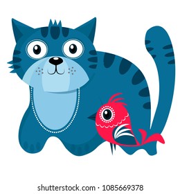 Blue cat smiling and bird on white background