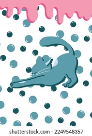blue cat stretching with bubbles