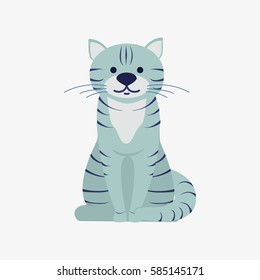 Blue cat with stripes sitting on floor. Cartoon character. Domestic animal. Flat vector stock illustration