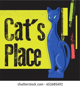 Blue cat vintage style poster, Cats place. Can add your text.for poster or any print