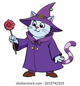 Blue cat wearing purple wizard costume holding lollipop