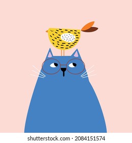blue cat and yellow bird on pink background