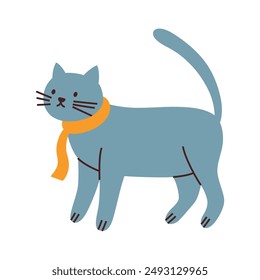 Blue cat with yellow scarf vector illustration. Stylish cartoon pet with blue fur, for animal lovers, pet shops, veterinarians. Cute and trendy flat design, Russian blue or british shorthair kitten