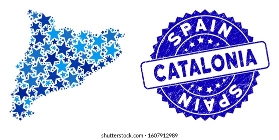 Blue Catalonia map composition of stars, and grunge rounded seal. Abstract geographic scheme in blue color tones. Vector Catalonia map is composed of blue stars.