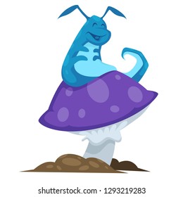 Blue caterpillar on purple mushroom Alice in Wonderland character vector isolated wild animal and wild plant fairy tale magical creature fantastic insect personage from literary work or childish book.