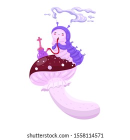 Blue caterpillar smokes a hookah. Amanita. Character from Alice. Vector graphics.