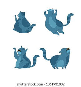 Blue cats on white background. Flat style illustration of four cats. 