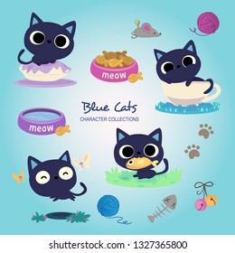 Blue Cats playing with butterflies, bites the fish, and enjoys time inside of a cup