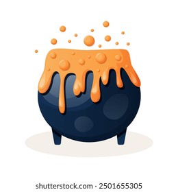 Blue cauldron with orange potion, magic pot. Vector illustration for Halloween holiday.