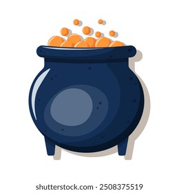 Blue cauldron with orange potion. Witch brews potion. Vector illustration for Halloween. Icon, sticker. Trendy flat style.