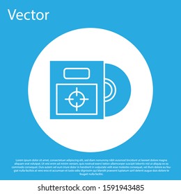 Blue CD or DVD disk in box icon isolated on blue background. Compact disc sign. White circle button. Vector Illustration