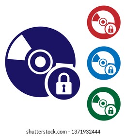 Blue CD or DVD disk with closed padlock icon isolated on white background. Compact disc sign. Security, safety, protection concept. Set color icon in circle buttons. Vector Illustration