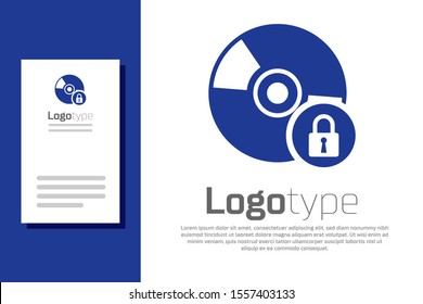 Blue CD or DVD disk with closed padlock icon isolated on white background. Compact disc sign. Security, safety, protection concept. Logo design template element. Vector Illustration