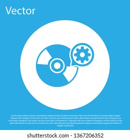 Blue CD or DVD disk and gear icon isolated on blue background. Adjusting app, service concept, setting options, maintenance, repair, fixing. White circle button. Vector Illustration