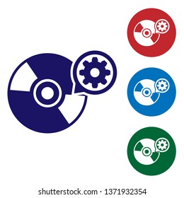 Blue CD or DVD disk and gear icon isolated on white background. Adjusting app, service concept, setting options, maintenance, repair, fixing. Set color icon in circle buttons. Vector Illustration