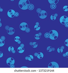 Blue CD or DVD disk and gear icon isolated seamless pattern on blue background. Adjusting app, service concept, setting options, maintenance, repair, fixing. Vector Illustration