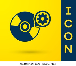 Blue CD or DVD disk and gear icon isolated on yellow background. Adjusting app, service concept, setting options, maintenance, repair, fixing. Vector Illustration