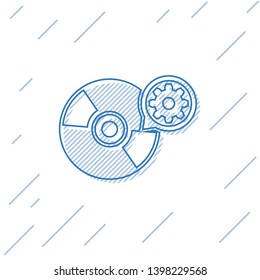 Blue CD or DVD disk and gear line icon isolated on white background. Adjusting app, service concept, setting options, maintenance, repair, fixing. Vector Illustration