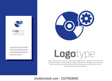 Blue CD or DVD disk and gear icon isolated on white background. Adjusting app, service concept, setting options, maintenance, repair, fixing. Logo design template element. Vector Illustration