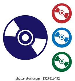 Blue CD or DVD disk icon isolated on white background. Compact disc sign. Set color icon in circle buttons. Vector Illustration