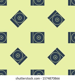 Blue CD or DVD disk icon isolated seamless pattern on yellow background. Compact disc sign.  Vector Illustration